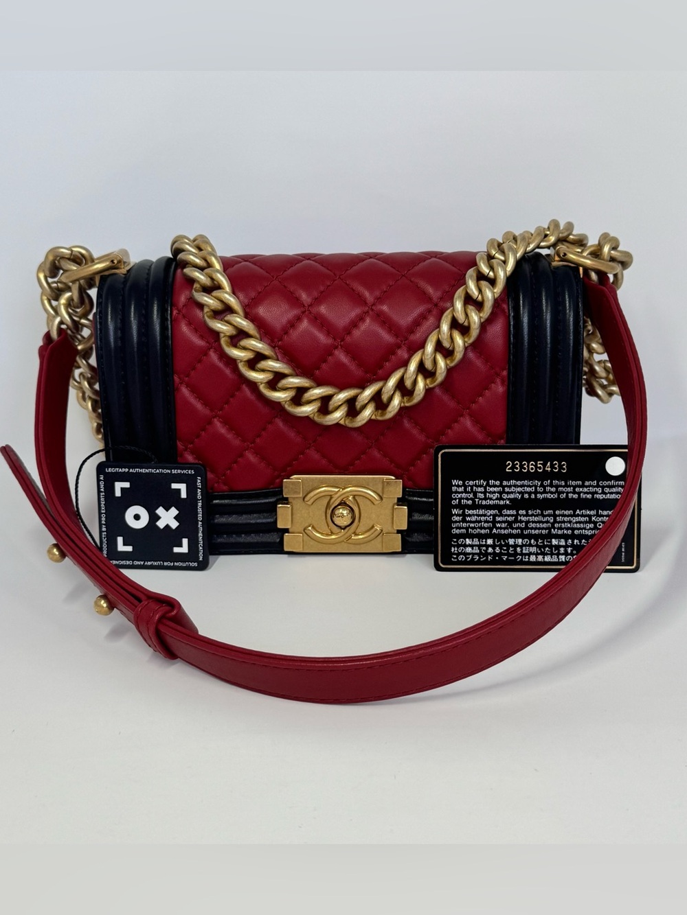 Authentic CHANEL Boy Bag Red - Lambskin Leather